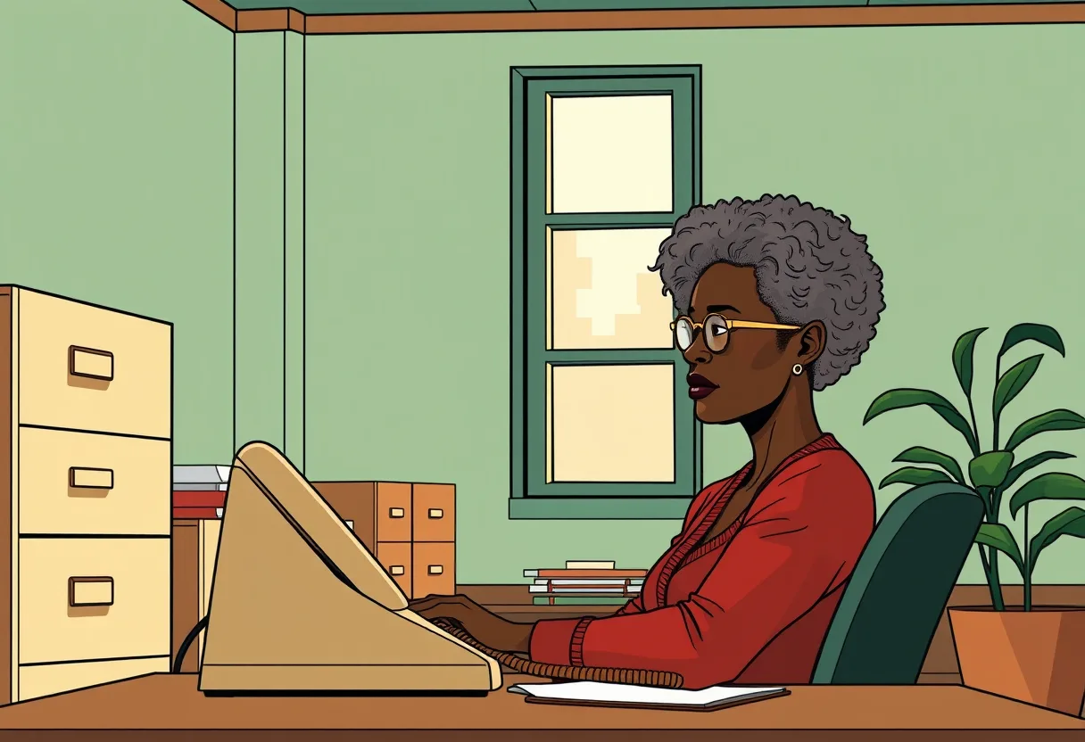 Ms. Harris, the school secretary, answers the desk phone in the front office on a bright morning.