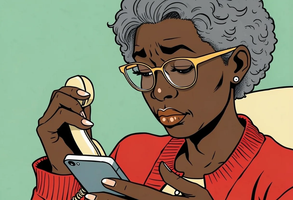 Close-up of Ms. Harris holding the phone to her ear and looking at a text message on her cell phone.