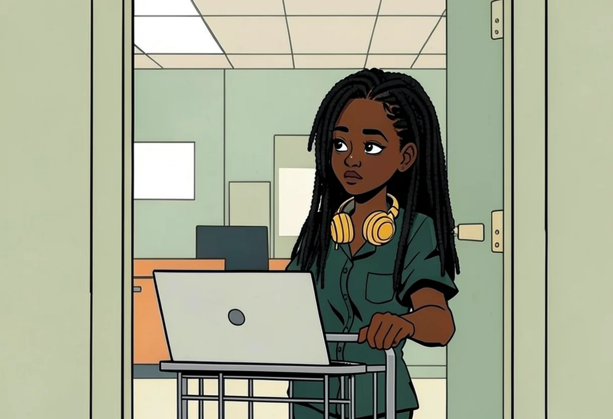 Dee, a student IT intern with gold headphones, stops a laptop cart in the doorway and listens.