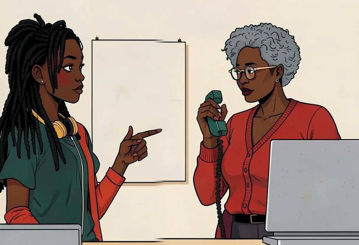 Dee points at the help desk poster on the wall while Ms. Harris holds the phone away from her ear.