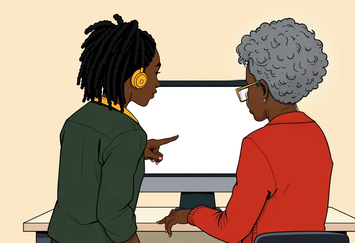 Dee points at an email on Ms. Harris's computer screen.