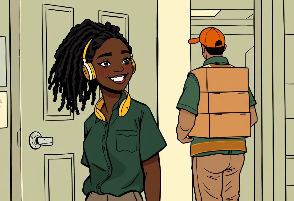 Dee smiles and points the delivery man down the hall to the front office. He turns to leave.