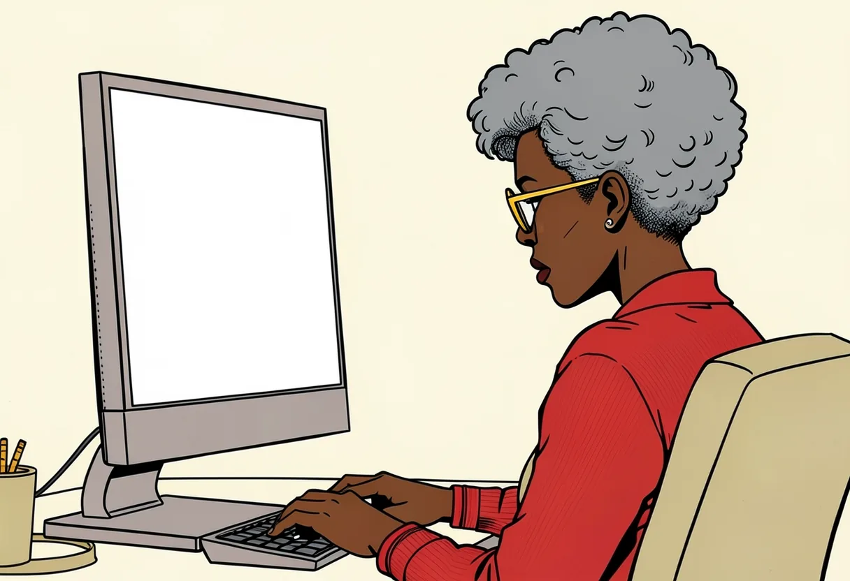 Ms. Harris types at her keyboard, looking at a sign-in page on her monitor.