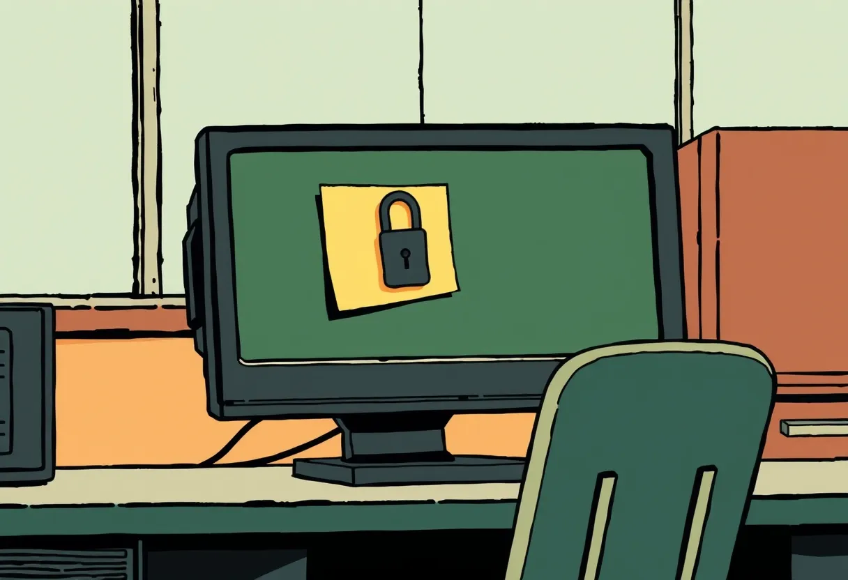 An empty office with a computer left on and a sticky note on the monitor.